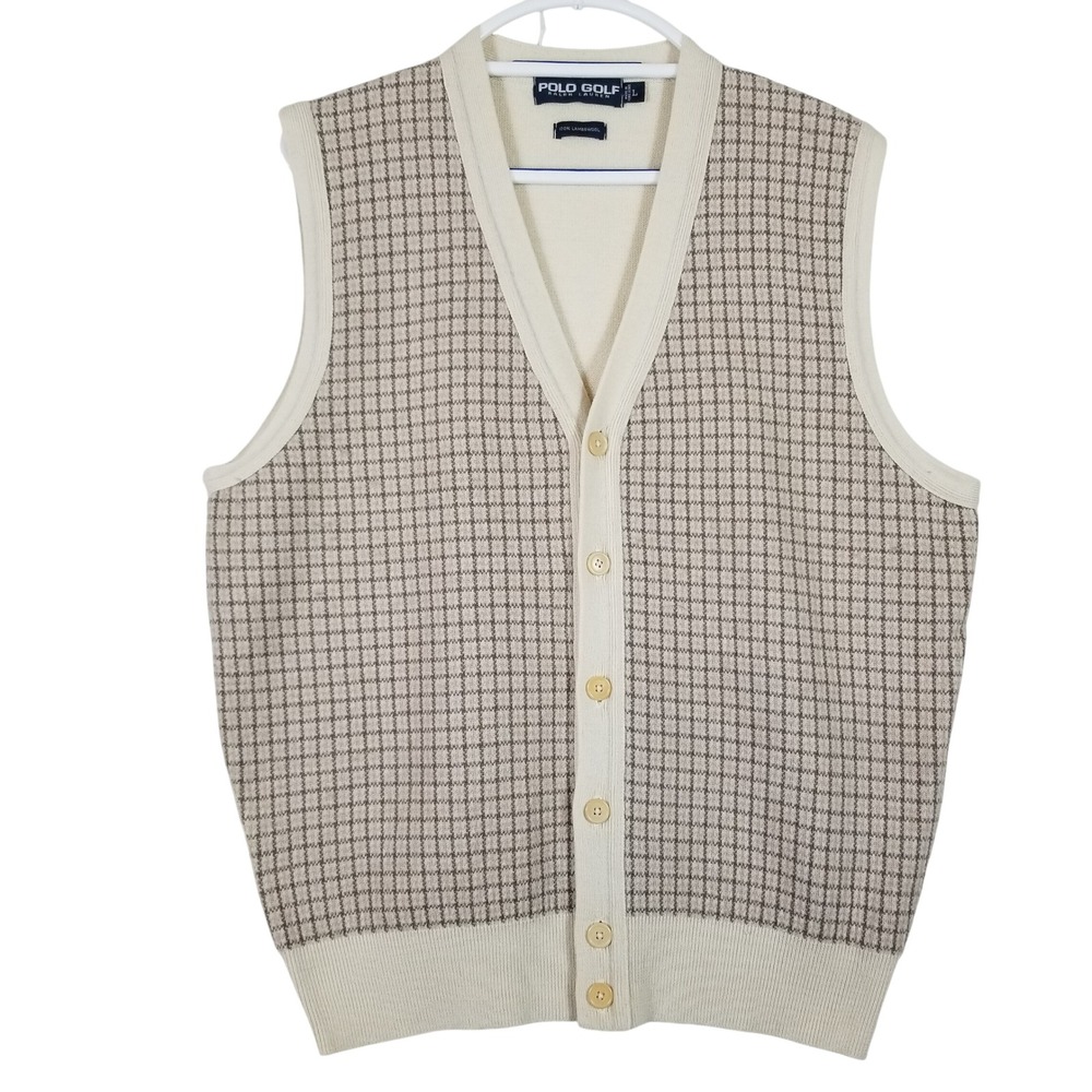 Polo Golf Ralph Lauren‎ Mens Large Lambswool Button Front Sweater Vest Tan Plaid